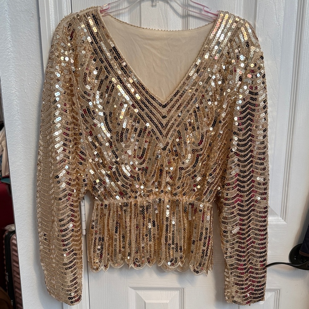 Sequin Embellished Gold Women's Peplum Top Christmas New Years